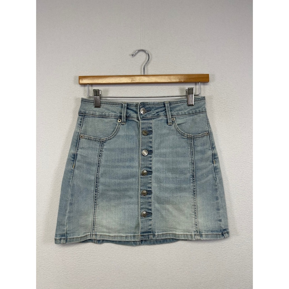Y2K Boho American Eagle Women 2 Light Blue Super Stretch Button Front Mini Skirt